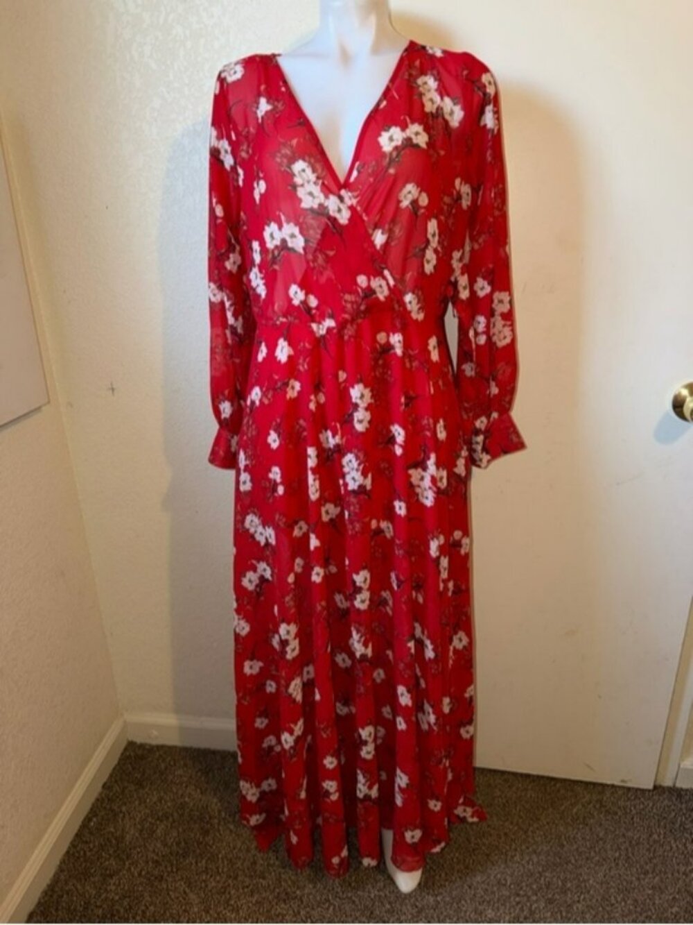 Women’s Red Floral Wrap Maxi Dress with V-Neck